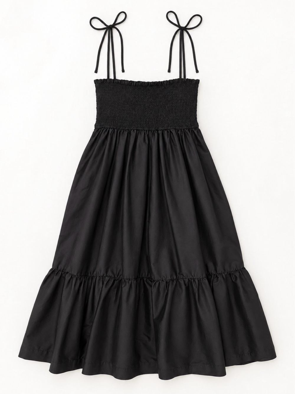 Smocked Bodice Black Midi Dress with Tie Shoulder Straps